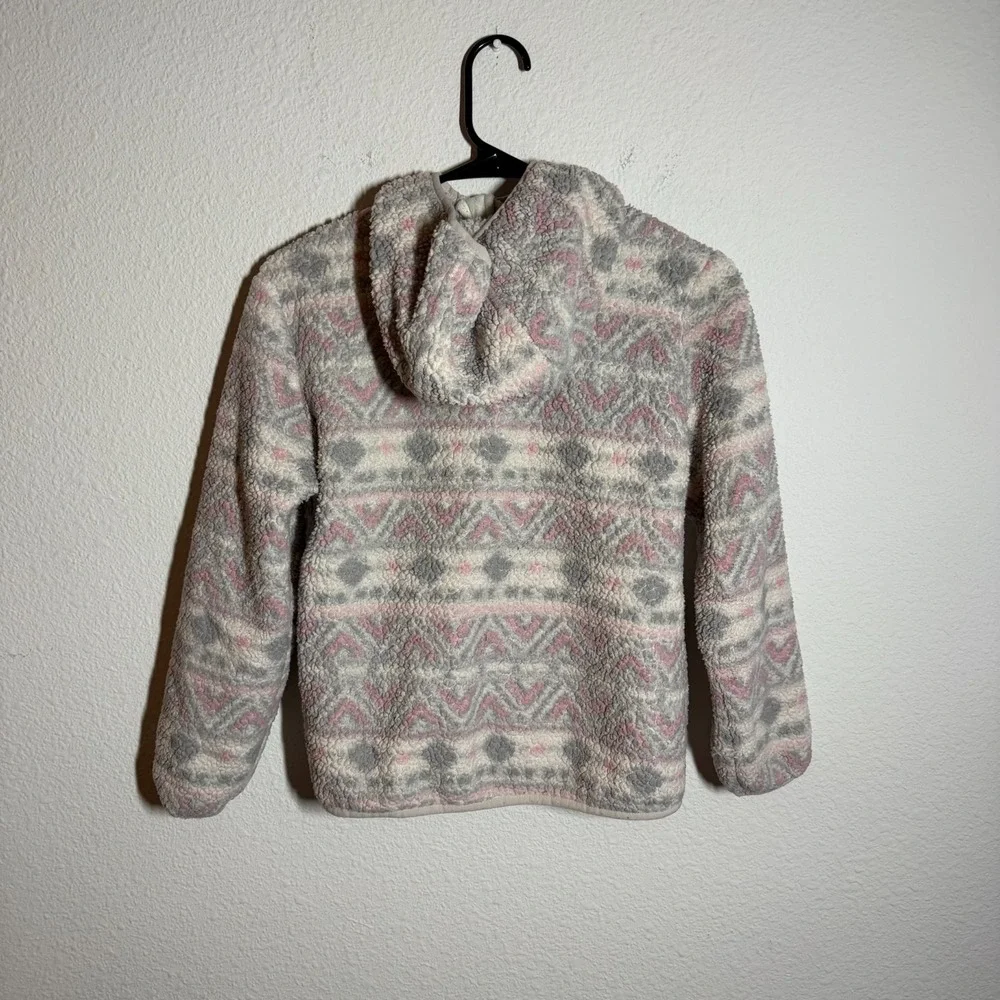 Eddie‎ Bauer Jacket Girls M(10-12) Gray Aztec Sherpa Fleece Hooded Logo Full Zip